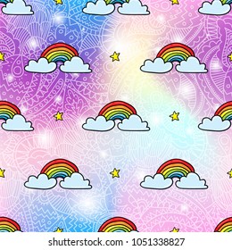 Vector seamless pattern design background with trendy hipster color rainbow cartoon style illustration. Textile fashion wallpaper print design with lgbt symbol