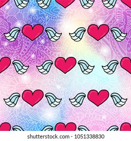 Vector seamless pattern design background with trendy hipster flying romantic heart cartoon style illustration. Textile fashion wallpaper print design with lgbt symbol