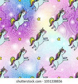Vector seamless pattern design background with trendy hipster magic unicorn cartoon style illustration. Textile fashion wallpaper print design