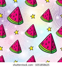 Vector seamless pattern design background with trendy hipster juisy sweet watermelon slices cartoon style illustration. Textile fashion wallpaper print design