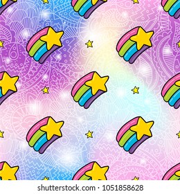 Vector seamless pattern design background with trendy hipster color rainbow star cartoon style illustration. Textile fashion wallpaper print design with lgbt symbol
