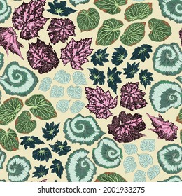 Vector seamless pattern design with begonia leaves for fabric, scrapbooking and wallpaper projects. Designed by Daania at deeyana83*yahoo.com.
