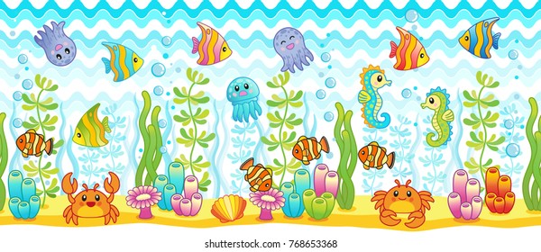 vector seamless pattern design. Bright underwater background with funny tropical fishes, crab, nemo fishes and seahorses