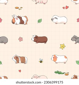 Vector Seamless Pattern Design: Checkered Background Adorned with Adorable Guinea Pigs, Leaves and Flowers.