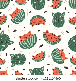 Vector seamless pattern design collection. Cute and funny watermelon cat isolated on the white background. Trendy animals in caps and glasses. Creative childish pink texture. Great for fabric, textile