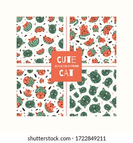 Vector seamless pattern design collection. Cute and funny watermelon cat isolated on the white background. Trendy animals in caps and glasses. Creative childish pink texture. Great for fabric, textile