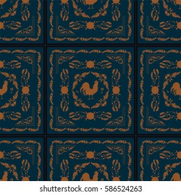 Vector seamless pattern for design. Colored endless texture consist of square, tile with ornate art. Vintage, retro style. Abstract illustration of Roosters, feathers, wave lines, decorative elements