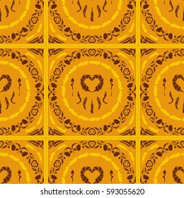 Vector seamless pattern for design. Colored endless texture consist of square, tile with ornate art. Vintage, retro style. Abstract illustration of Roosters, feathers, wave lines, decorative elements 