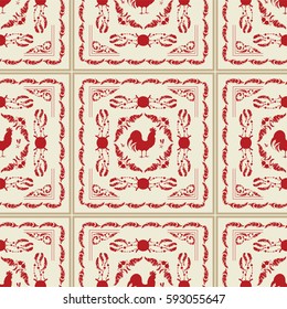 Vector seamless pattern for design. Colored endless texture consist of square, tile with ornate art. Vintage, retro style. Abstract illustration of Roosters, feathers, wave lines, decorative elements 