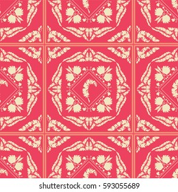 Vector seamless pattern for design. Colored endless texture consist of square, tile with ornate art. Vintage, retro style. Abstract illustration of Roosters, feathers, wave lines, decorative elements 