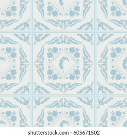 Vector seamless pattern for design. Colored endless texture consist of square, tile with ornate art. Vintage, retro style. Abstract illustration of Roosters, feathers, wave lines, decorative elements 