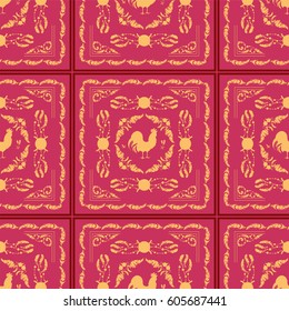 Vector seamless pattern for design. Colored endless texture consist of square, tile with ornate art. Vintage, retro style. Abstract illustration of Roosters, feathers, wave lines, decorative elements 