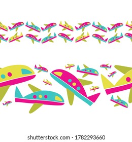 Vector seamless pattern design of colorful lines of airplanes on white background. Black and white design. Perfect for coloring, cards, stickers, posters, decorations.