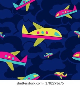 Vector seamless pattern design of colorful bright airplanes on dark blue cloudy sky. Black and white design. Perfect for coloring, cards, stickers, posters, decorations, backgrounds, textiles.