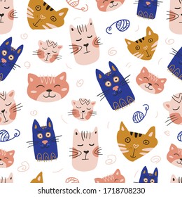 Vector seamless pattern design. Cute and funny cats isolated on the white background. Trendy animals in caps and glasses. Creative childish pink texture. Great for fabric, textile.