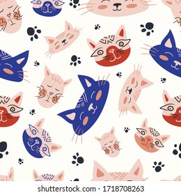 Vector seamless pattern design. Cute and funny cats isolated on the white background. Trendy animals in caps and glasses. Creative childish pink texture. Great for fabric, textile.