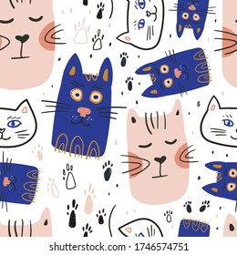 Vector seamless pattern design. Cute and funny cats isolated on the white background. Trendy animals in caps and glasses. Creative childish pink texture. Great for fabric, textile.