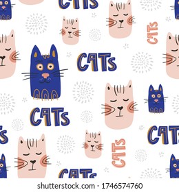 Vector seamless pattern design. Cute and funny cats isolated on the white background. Trendy animals in caps and glasses. Creative childish pink texture. Great for fabric, textile.