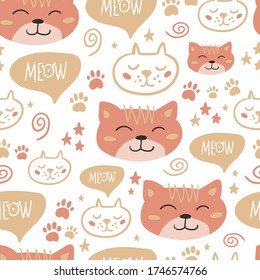 Vector seamless pattern design. Cute and funny cats isolated on the white background. Trendy animals in caps and glasses. Creative childish pink texture. Great for fabric, textile.