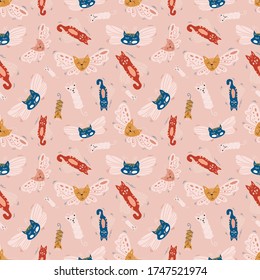 Vector seamless pattern design. Cute and funny cats isolated on the white background. Trendy animals in caps and glasses. Creative childish pink texture. Great for fabric, textile.