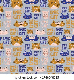 Vector seamless pattern design. Cute and funny cats isolated on the white background. Trendy animals in caps and glasses. Creative childish pink texture. Great for fabric, textile.