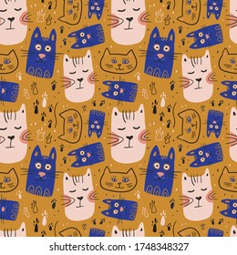Vector seamless pattern design. Cute and funny cats isolated on the white background. Trendy animals in caps and glasses. Creative childish pink texture. Great for fabric, textile.