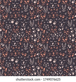 Vector seamless pattern design. Cute and funny cats isolated on the white background. Trendy animals in caps and glasses. Creative childish pink texture. Great for fabric, textile.