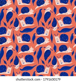 Vector seamless pattern design. Cute and funny snails cats isolated on the white background. Trendy animals in caps and glasses. Creative childish pink texture. Great for fabric, textile.