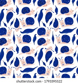 Vector seamless pattern design. Cute and funny snails cats isolated on the white background. Trendy animals in caps and glasses. Creative childish pink texture. Great for fabric, textile.