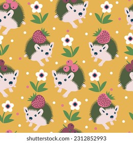 Vector seamless pattern design with cute hedgehogs in the garden.