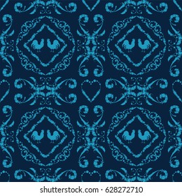 Vector seamless pattern for design. Cute retro texture, consist of square, tile with ornate art. Dark and light blue colors.. Abstract art of Roosters, feathers, wave lines, decorative elements  