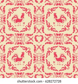 Vector seamless pattern for design. Cute retro texture, consist of square, tile with ornate art. Detailed silhouette illustration. Red roosters decorative elements  