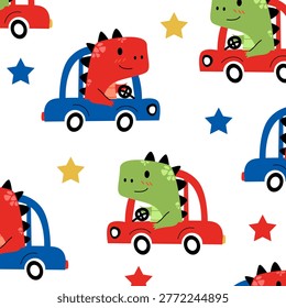 vector seamless pattern design dinosaur t rex driving cartoon. good for kids apparel fabric design