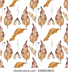 Vector seamless pattern design with dry autumn leaves. Seasonal decorative background. 