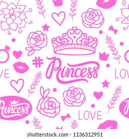 Vector Seamless pattern of design elements for girls. Hand drawing. Princess style isolated on white background.