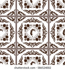 Vector seamless pattern for design. Endless texture consist of square, tile with ornate art. Simple retro, vintage style. Abstract illustration of Roosters, feathers, wave lines, decorative elements