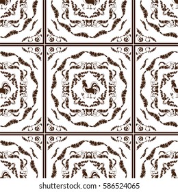 Vector seamless pattern for design. Endless texture consist of square, tile with ornate art. Simple retro, vintage style. Abstract illustration of Roosters, feathers, wave lines, decorative elements