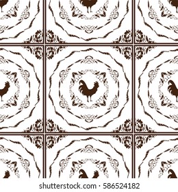 Vector seamless pattern for design. Endless texture consist of square, tile with ornate art. Simple retro, vintage style. Abstract illustration of Roosters, feathers, wave lines, decorative elements