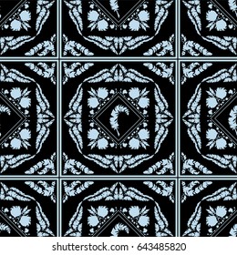 Vector seamless pattern for design. Endless texture consist of square, tile with ornate art. Simple retro, vintage style. Abstract illustration of Roosters, feathers, wave lines, decorative elements