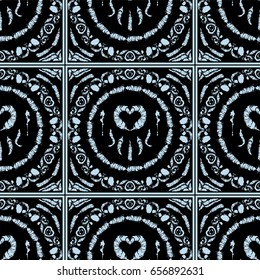 Vector seamless pattern for design. Endless texture consist of square, tile with ornate art. Simple retro, vintage style. Abstract illustration of Roosters, feathers, wave lines, decorative elements 