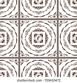 Vector seamless pattern for design. Endless texture consist of square, tile with ornate art. Simple retro, vintage style. Abstract illustration of Roosters, feathers, wave lines, decorative elements
