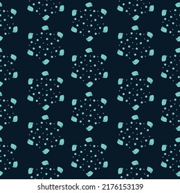 Vector seamless pattern design with gentle small abstract leaves in circles on dark blue background. Suitable for prints, fabric, bedding, wallpaper, scrapbooking, gift wrapping paper, home decor.