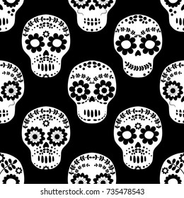 Vector seamless pattern design for Halloween backgrounds and textile with white skulls on black background