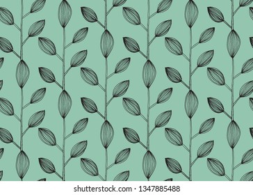 Vector seamless pattern design with hand drawn sketch leaves illustration and neo mint color