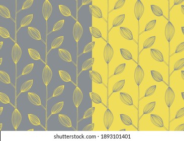 Vector seamless pattern design with hand drawn sketch leaves illustration. illuminating yellow and ultimate gray color