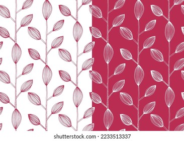 Vector seamless pattern design with hand drawn sketch leaves illustration. viva magenta color Adlı Stok Vektör