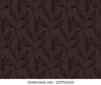 Vector seamless pattern design with hand drawn sketch leaves illustration and brown background