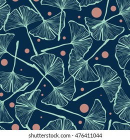 Vector seamless pattern design with hand drawn gingko biloba leaves, nature themed repeating background, elegant and trendy surface pattern for web and print purposes.