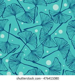 Vector seamless pattern design with hand drawn gingko biloba leaves, nature themed repeating background, elegant and trendy surface pattern for web and print purposes.