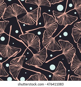 Vector seamless pattern design with hand drawn gingko biloba leaves, nature themed repeating background, elegant and trendy surface pattern for web and print purposes.